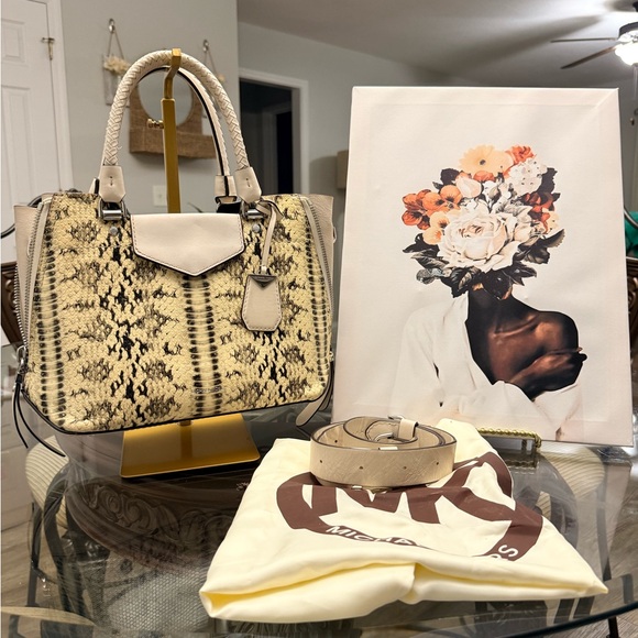 Michael Kors Handbags - Michael Kors Cream and Black Snake Print Satchel